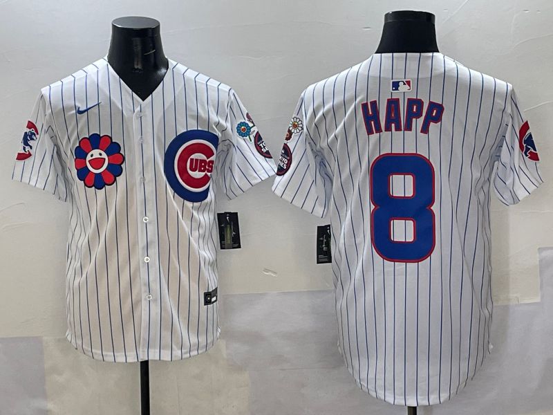 Men Chicago Cubs #8 Happ White Stripe Flower Edition 2025 Nike MLB Jersey style 1->chicago cubs->MLB Jersey